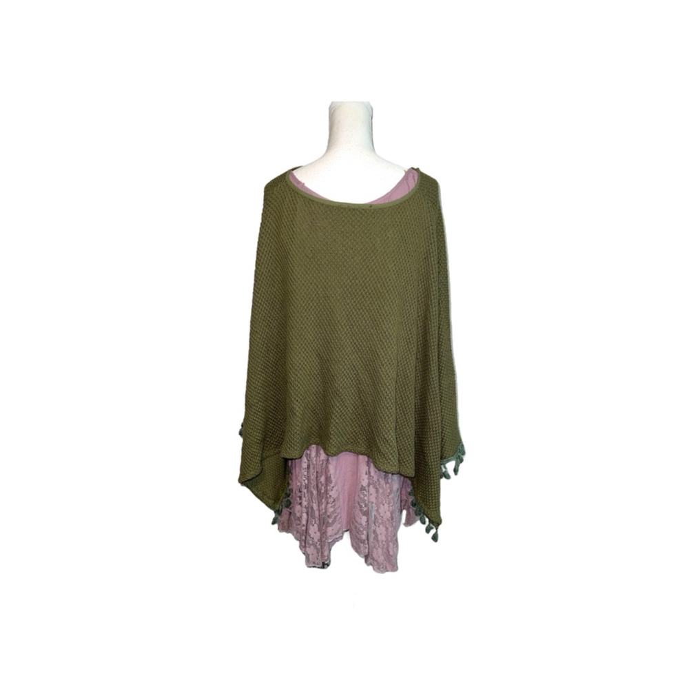 Women's Caramela Olive Green Knit Poncho Shrug Poncho